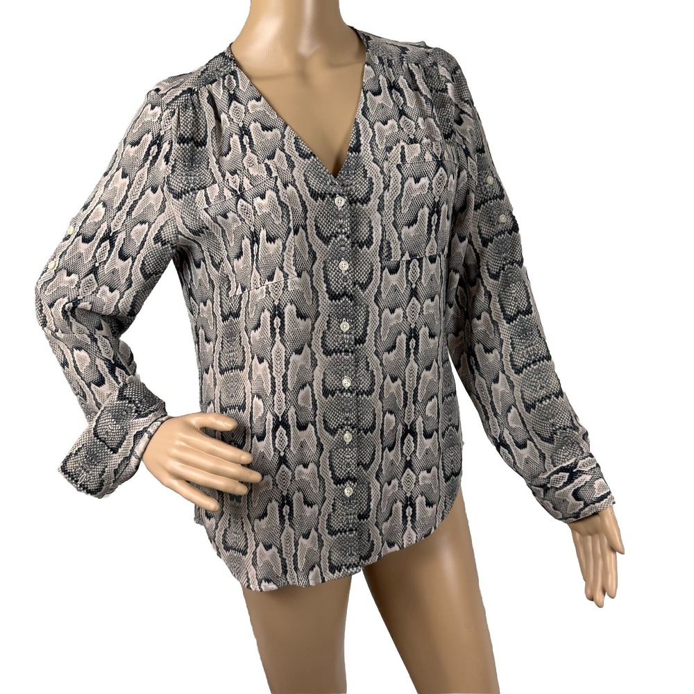 Express Shirt Size S Animal Print Snake Button‎ Front Tab Sleeve Blouse V-Neck